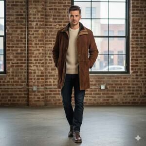Unbranded Suede Faux Shearling Lined Winter Car Coat Jacket Brown Large L‎